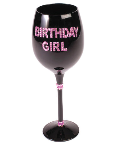 Birthday Girl Wine Glass W-pink Stones - Black