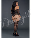 Floral Netted Teddy Bodystocking W-attached Thigh Highs Black Qn