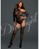 Floral Netted Teddy Bodystocking W-attached Thigh Highs Black O-s