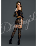 Lace Long Sleeve Crop Top & Garterskirt W-stockings Black O-s