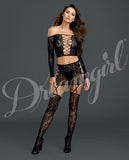 Lace Long Sleeve Crop Top & Garterskirt W-stockings Black O-s