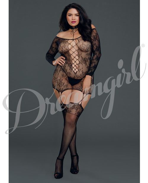 Versatile Lace Garterdress W-attached Thigh Highs Black Qn