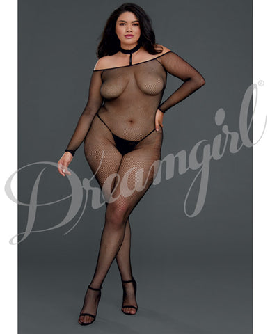 Fishnet Off The Shoulder Bodystocking W-attached Collar Black Qn