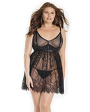 Demi Mono Underwire Cup Babydoll W/an Adjstable Back Bra Strap, Fne Lace Skrt & G-strng Black