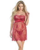 Lightly Padded Demi Cup & Fine Lace Skirt Babydoll & Adjustable Crotchless Panty Merlot