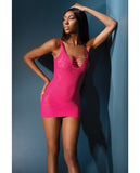 Sleek Seamless Stretch Lace Net Dress W-front & Back Strappy Cutouts Neon Pink O-s