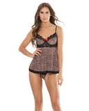 Bold Stretch Lace Babydoll W/underwire Cups, Adjustable Straps & G-string Leopard/black