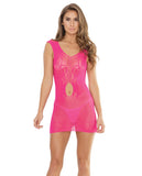 Sleek Seamless Stretch Fishnet Tank Dress W-waist Keyhole Neon Pink O-s