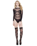 Sleek Sheer Nylon Opaque Print Long Sleeve Teddy & Stockings Black O-s