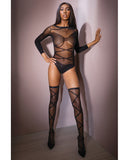 Sleek Sheer Nylon Opaque Print Long Sleeve Teddy & Stockings Black O-s