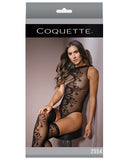 Sleek Sheer Nylon High Neck Teddy W-print & Stockings Black O-s