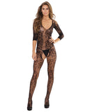 Sleek Seamless Stretch Net Lace Print Long Sleeve Bodystocking Black O-s