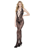 Sleek Seamless Stretch Net Halter Lace Bodystocking Black O-s