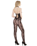 Sleek Seamless Stretch Net Halter Lace Bodystocking Black O-s