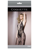 Sleek Seamless Stretch Net Halter Lace Bodystocking Black O-s