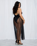 Stretch Lace Teddy & Sheer Mesh Maxi Skirt W/adjustable Straps & G-string