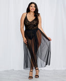 Stretch Lace Teddy & Sheer Mesh Maxi Skirt W/adjustable Straps & G-string