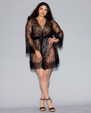 Long Sleeved Lace Kimono Robe W/eyelash Trim & Attch. Satin Belt