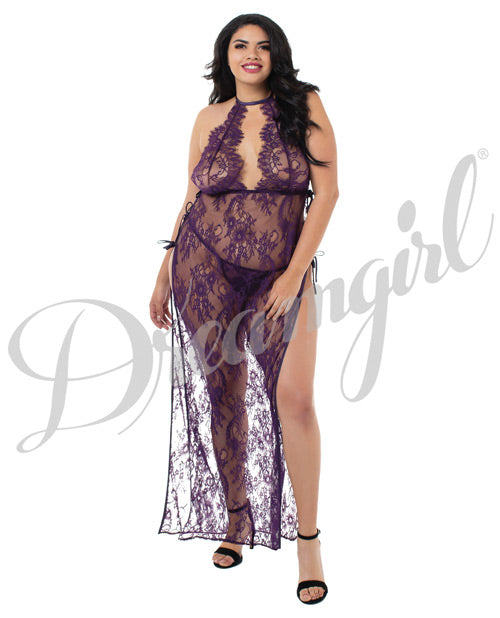 Toga Style Lace Gown W/adjstble Satin Straps, Halter Cups & G-string Plum