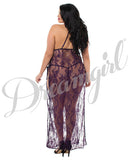 Toga Style Lace Gown W/adjstble Satin Straps, Halter Cups & G-string Plum