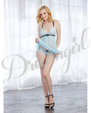 Sheer & Lace Babydoll & Panty W/black Bow Accessory Light Blue