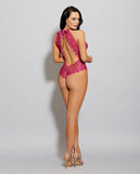 Eyelash Lace Halter Teddy W-lace Framing & Snap Crotch Magenta Xl