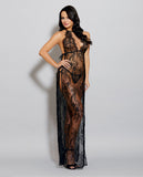 Eyelash Lace Gown W-unlined Halter Cups, Adjustable Straps & G-string Black Md