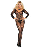 Long Sleeve Crochet Bodystocking W-floral Design & Open Crotch Black Qn