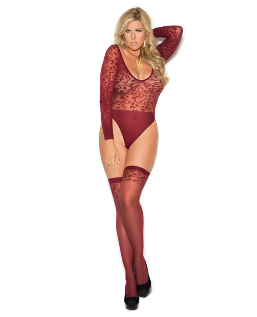 Sheer Burnout Long Sleeve Teddy & Matching Stockings Burgundy Qn