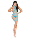 Vivace Crochet & Fishnet Halter Neck Mid Length Bodystocking Turquoise O-s