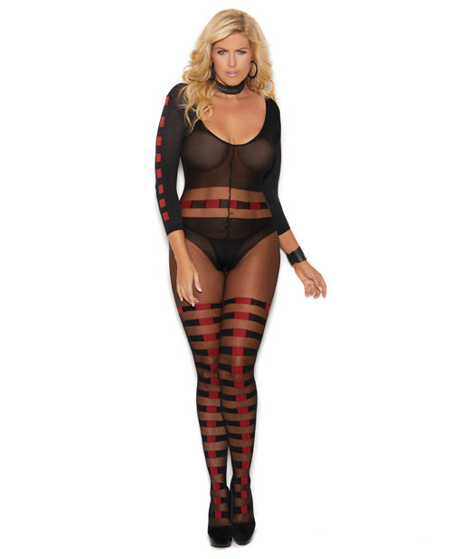 Vivace Sheer & Opaque Long Sleeve Bodystocking W-horizontal Stripes & Open Crotch Black O-q