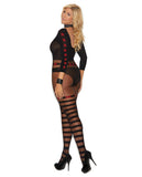 Vivace Sheer & Opaque Long Sleeve Bodystocking W-horizontal Stripes & Open Crotch Black O-q