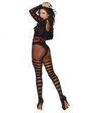 Vivace Sheer & Opaque Long Sleeve Bodystocking W-horizontal Stripes & Open Crotch Black O-s