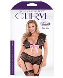 Curve Porsha Ribbon & Lace Tie Front Top, Garter Belt & Panty Black/pink