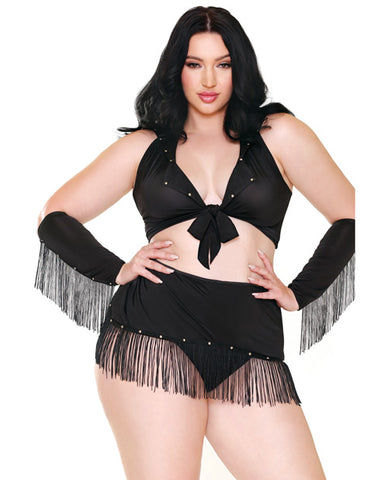 Curve Sassy In The Saddle Collared Top, Skirt, Cuffs, Skirt & Panty Black/white