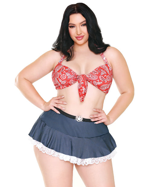 Curve Woodys Roundup Halter Bra, Skirt W-lace Trim & Ruffled Panty Red-blue 3x-4x