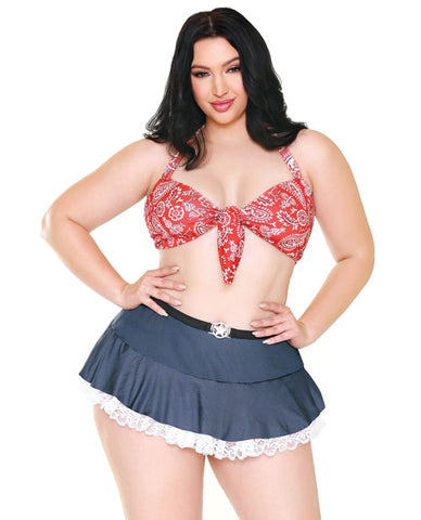 Curve Woodys Roundup Halter Bra, Skirt W-lace Trim & Ruffled Panty Red-blue 3x-4x