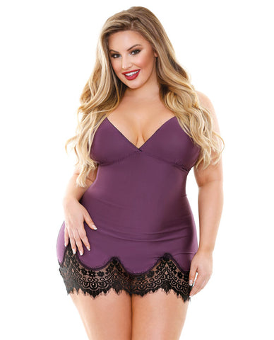 Curve Luxury Microfiber & Lace Chemise W/g-string Purple