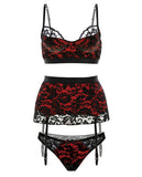 Fall Winter Bra W-lace Overlay, Gartered Skirt & Panty Black-red 3x