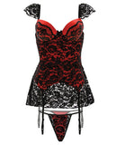 Fall Winter Skirted Bustier W/lace Overlay & Panty Black/red