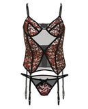 Fall Winter Metallic Lace Bustier W-garters & Panty Red-black L-xl