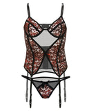 Fall Winter Metallic Lace Bustier W/garters & Panty Red/black