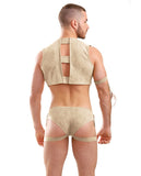 Mens Play On The Hunty Fringe Vest, Arm Band & Caged Underwear Beige