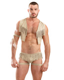 Mens Play On The Hunty Fringe Vest, Arm Band & Caged Underwear Beige