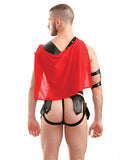 Mens Play Gluteus Maximus Trojan Harness Cape Top, Skirted Underwear & Arm Cuff Black