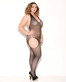 Haltered Patterned Open Crotch Bodystocking Black Qn