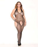 Haltered Patterned Open Crotch Bodystocking Black Qn