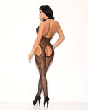 Haltered Patterned Open Crotch Bodystocking Black O-s