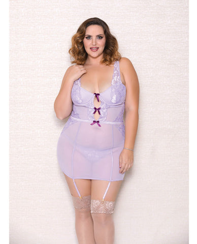 Lace & Mesh Chemise W/lightly Padded Underwire Cups, Garter & G-string Lavender