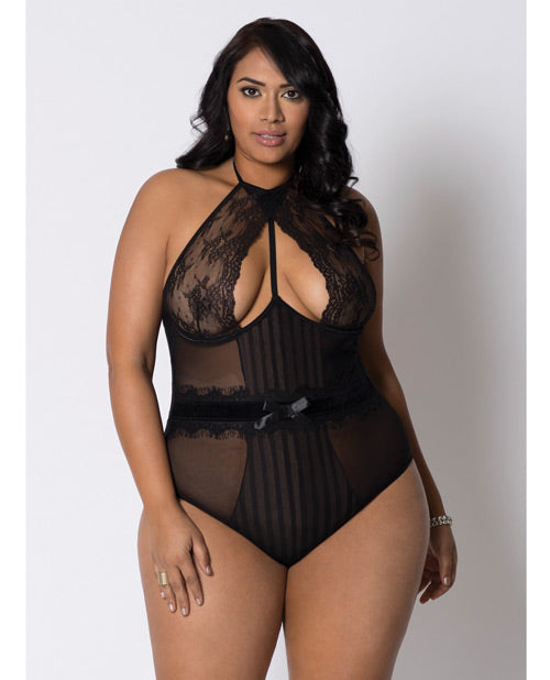 Halter Striped Mesh & Lace Teddy W/underwire Lace, Velvet Waistband & Lace Trim Black